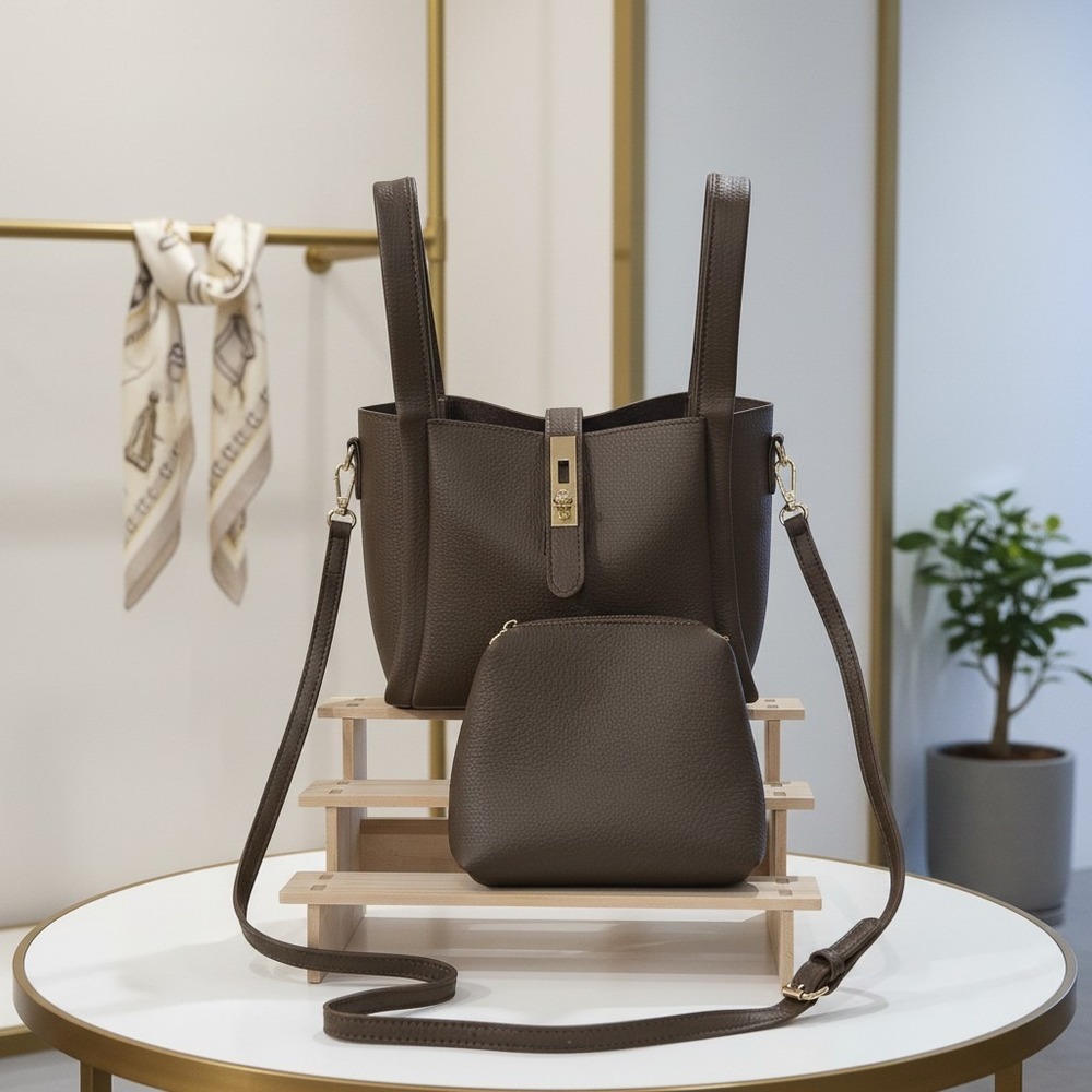 Dark Brown Faux Leather Bucket Tote Bag with Inner Pouch Crossbody Handbag Set‎